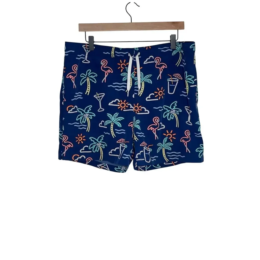Chubbies Neon Flamingo Palm Tree Swim Trunks Men’s Large Blue